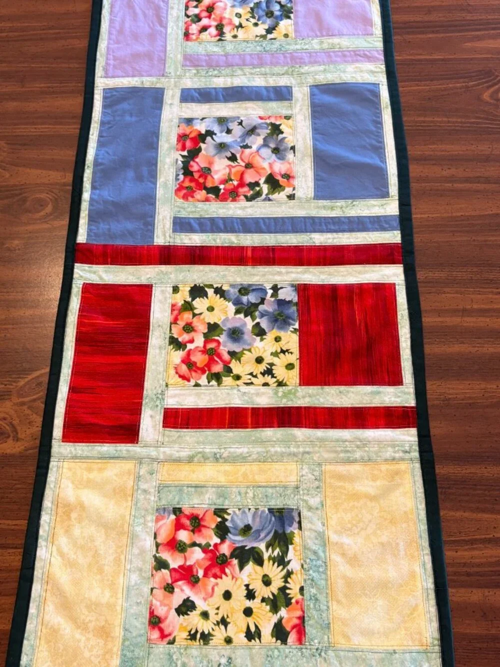 Handmade Vibrant Floral Table Runner, Log Cabin Cottagecore Patchwork Design